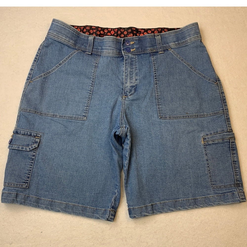 Lee Scully Soft Denim Cargo Shorts Womens 14 Medium Wash Stretch Utility Blue